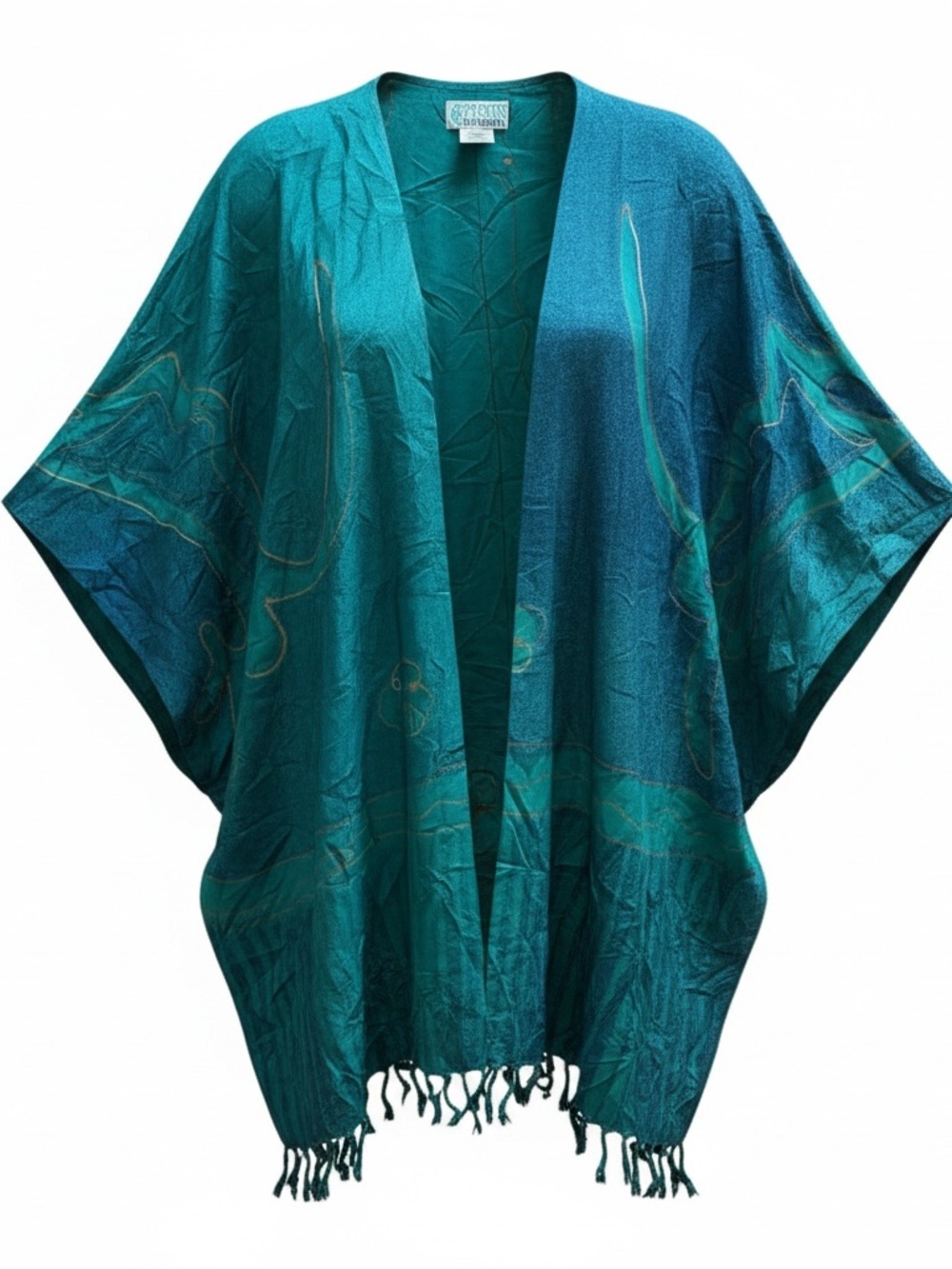 Southwest Indian Foundation Kimono Wrap Poncho Boho Artsy Fringe Teal Gold 2X